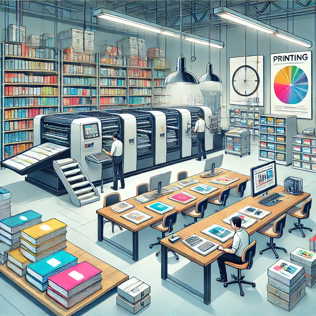 Instalaciones modernas para servicios de impresión profesional, con máquinas de impresión, libros y muestras de alta calidad
