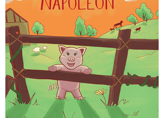 Ilustración del libro El Cerdito Napoleón, protagonizado por un cerdito valiente que inspira a sus amigos.