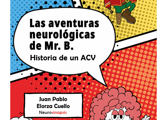 Ilustración de Mr. B explicando el accidente cerebrovascular (ACV) en una historieta educativa ACV