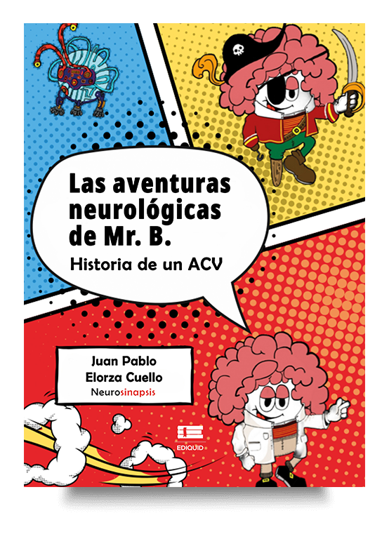 Historieta educativa ACV que enseña el accidente cerebrovascular con humor y dibujos para niños y familias. Ilustración de Mr. B explicando el accidente cerebrovascular (ACV) en una historieta educativa ACV