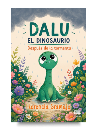 Portada de Dalu, el dinosaurio: Después de la tormenta, cuento infantil sobre apego seguro, duelo y adopción.