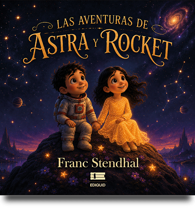 Aventura espacial entre estrellas, planetas y galaxias. Aventura espacial en la portada de Las aventuras de Astra y Rocket.