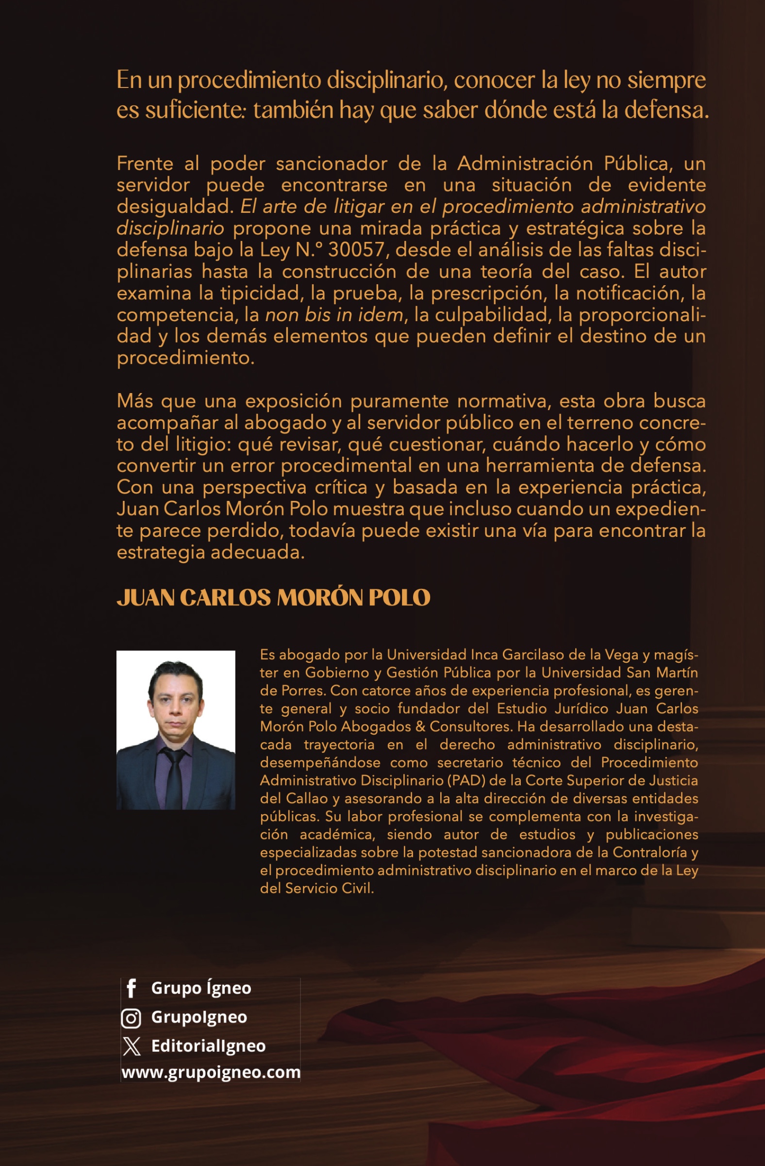 Contraportada de El arte de litigar en el procedimiento administrativo disciplinario. Análisis crítico de las faltas, el debido proceso y la estrategia defensiva bajo la Ley N.º 30057